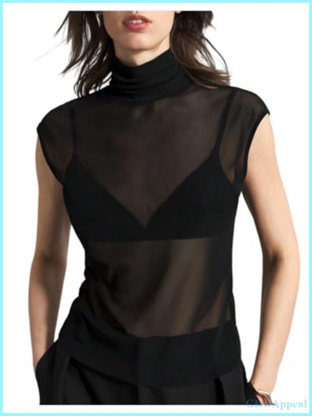 Sheer Mesh Turtleneck Tank Top Mock Neck Sleeveless Night Out